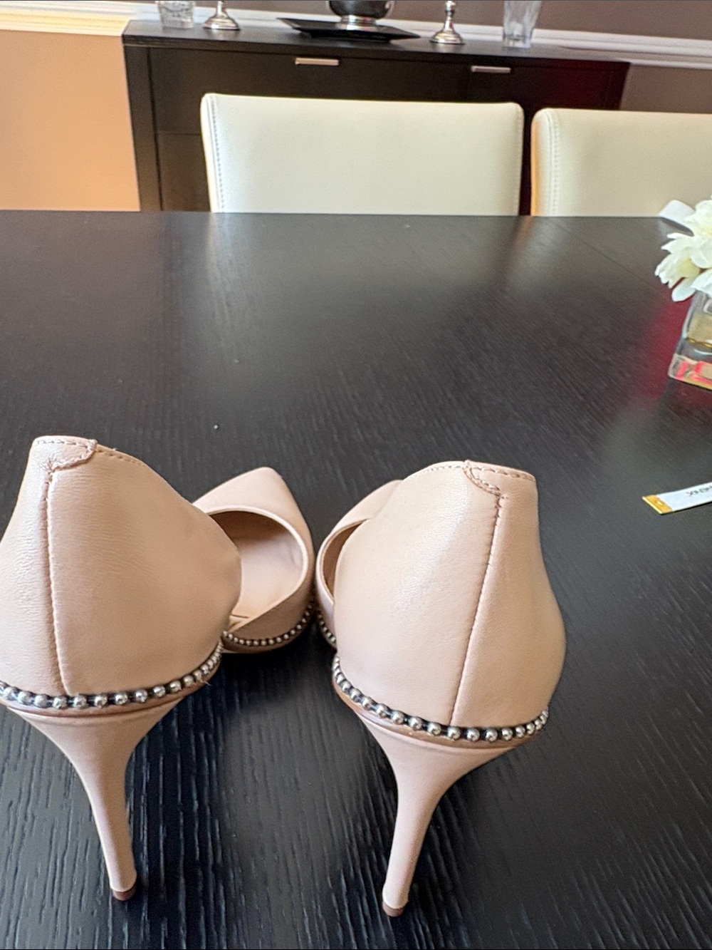 Bleecker & Bond Nude Pointed Leather Pumps with Stud Trim - Picture 3 of 5